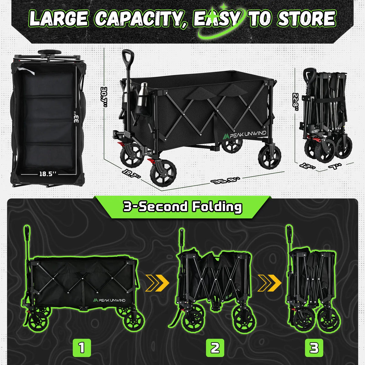 Peak Unwind Collapsible Utility Wagon Cart with Wheels, 200L Volume + 450 Lbs Capacity Heavy-Duty Load, Lightweight Folding Design and Adjustable Handle for Camping, Garden, Sports, and Shopping by Betaglam
