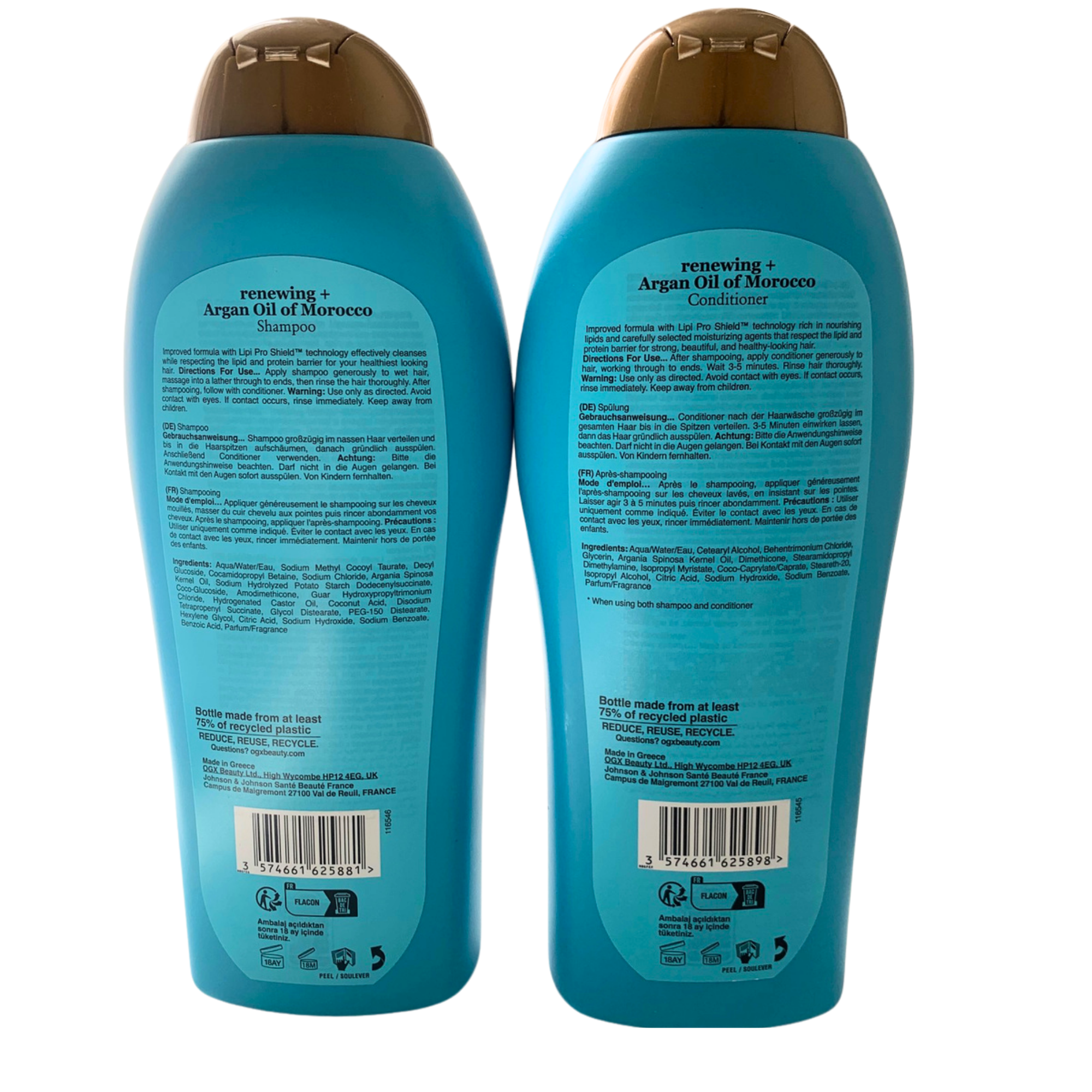 Back of OGX renewing Argan Oil of Morocco shampoo and conditioner duo bottles showing ingredients and recycling info.