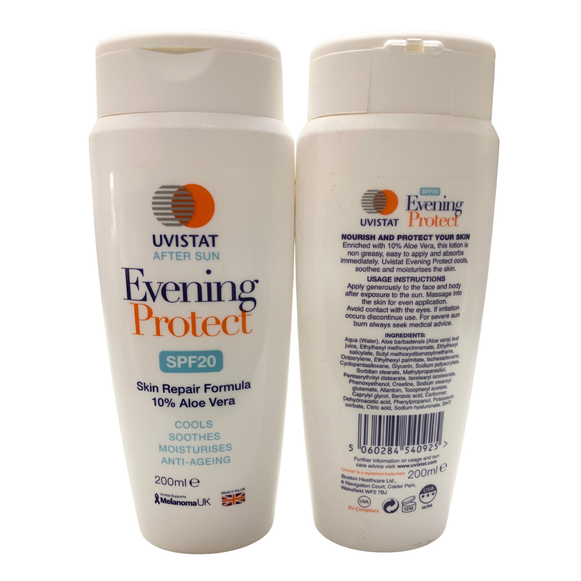2x UVISTAT After sun Evening protect spf 20 Aloe Vera,Cools,Soothes,Moisturise by Betaglam