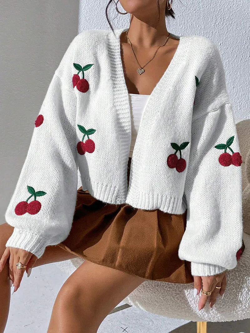 Fashionable Low Shoulder Cherry Embroidery Pattern Cardigan Commuter Sweater Women'S Loose Jacket Knitted Sweater by Betaglam
