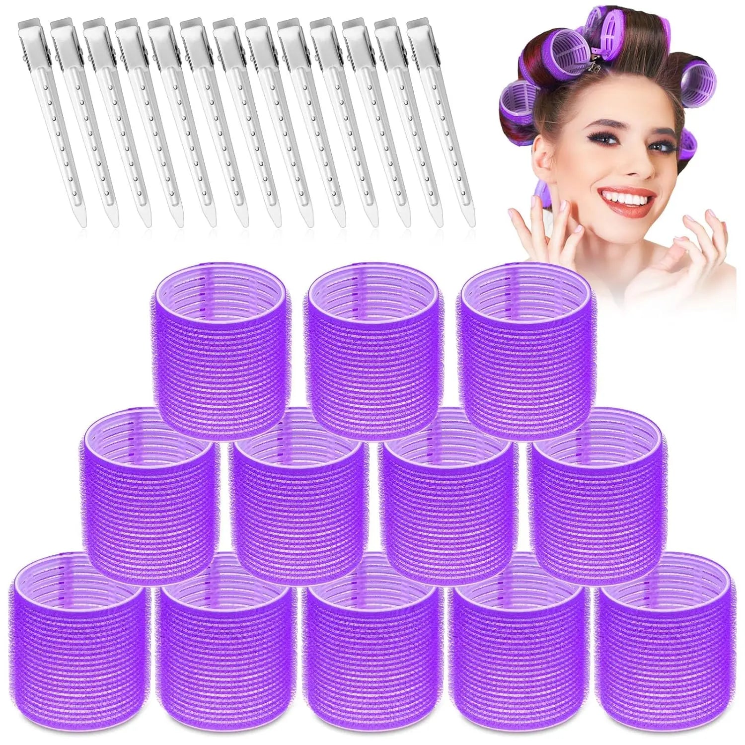 24Pcs Hair Curlers Rollers Include 12 Hair Roller Curlers Self Grip Holding Rollers and 12 Stainless Steel Duckbill Clips for Long Hair Volume (Purple) - Home Improvement. by Betaglam