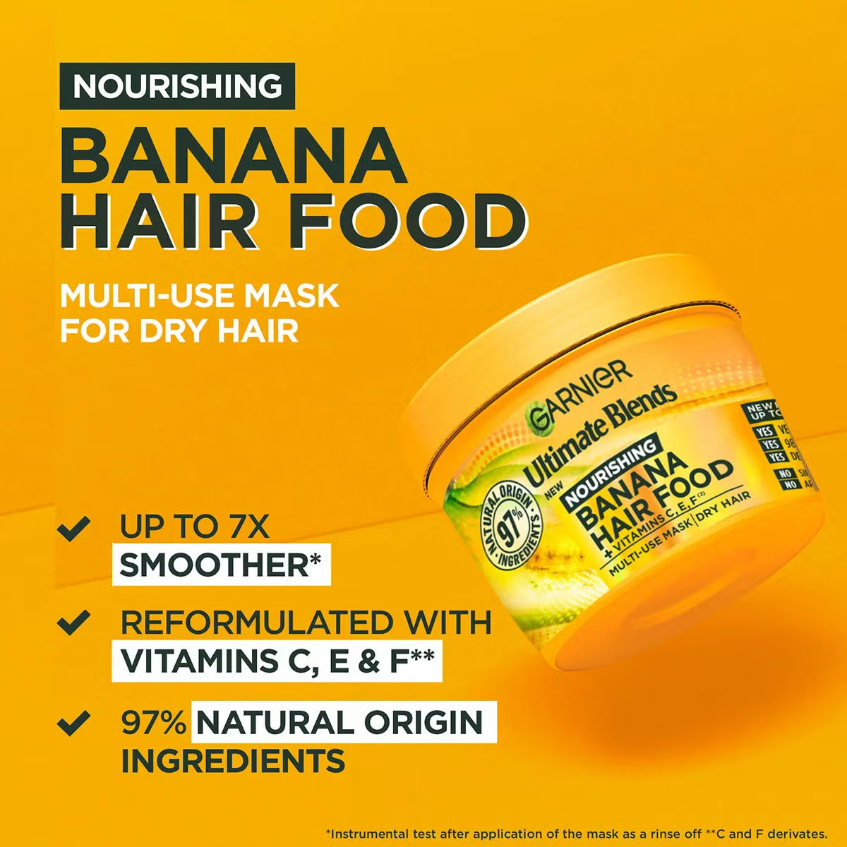 Garnier Ultimate Blends Nourishing Banana Hair Food mask for dry hair featuring vitamins C, E & F and 97% natural origin ingredients.