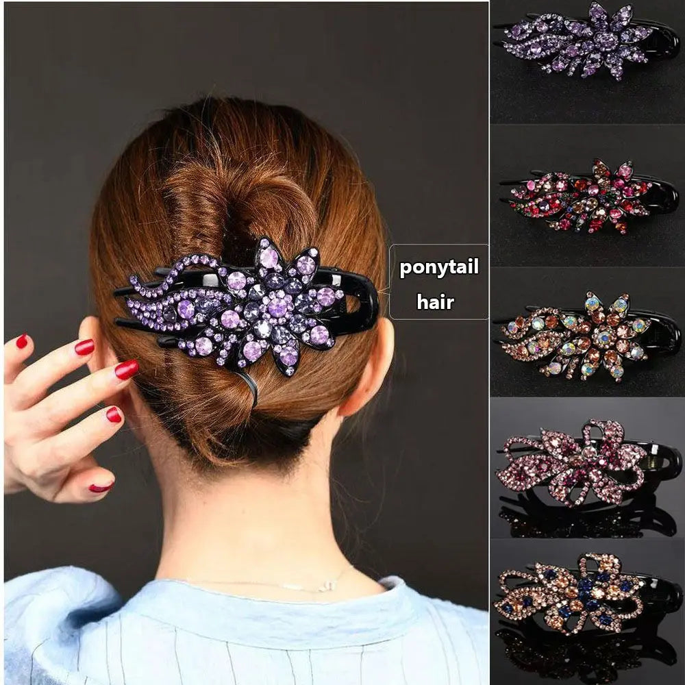 Shiny Rhinestone Hairpin Flower Leaf Duckbill Hair Claws Retro Hair Clips Hair Accessories for Women Shinning Ponytail Headwear by Betaglam