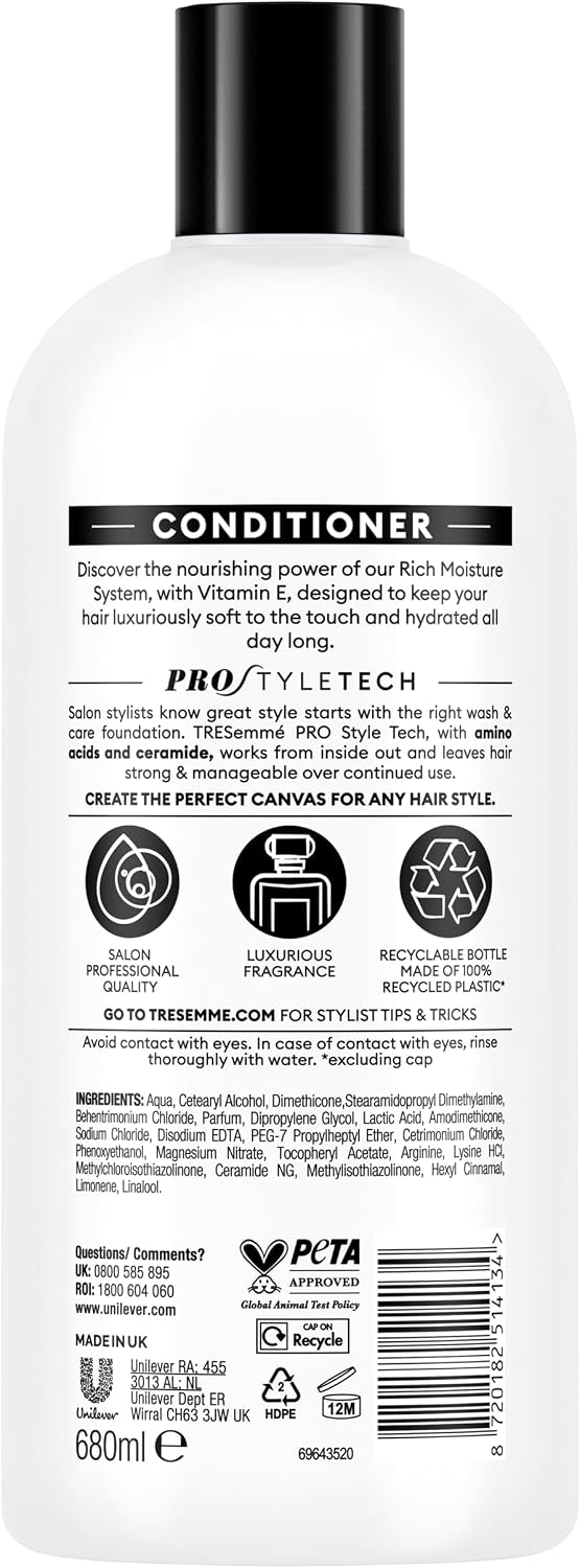 Back label of a 680ml Tresemme conditioner bottle showing ProStyleTech ingredients, PETA approval, and recyclable packaging details.