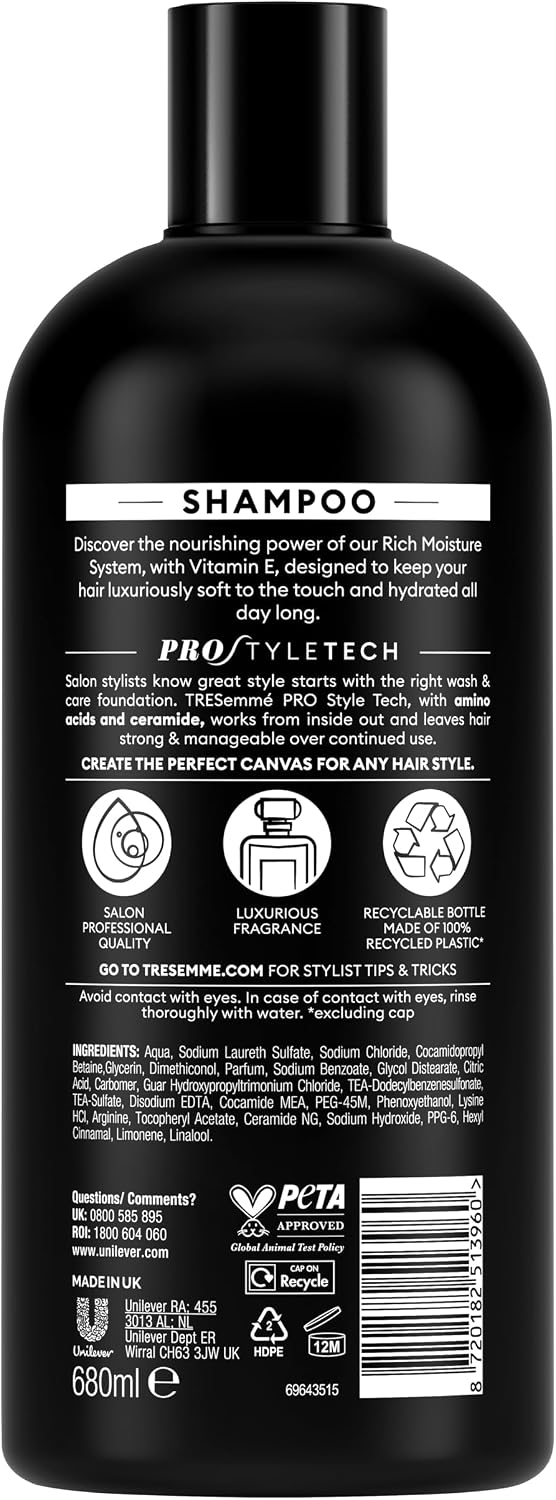 Tresemme Shampoo 680ml back label showing ProStyleTech ingredients, recyclable bottle info, and PETA approval for hair care routine.