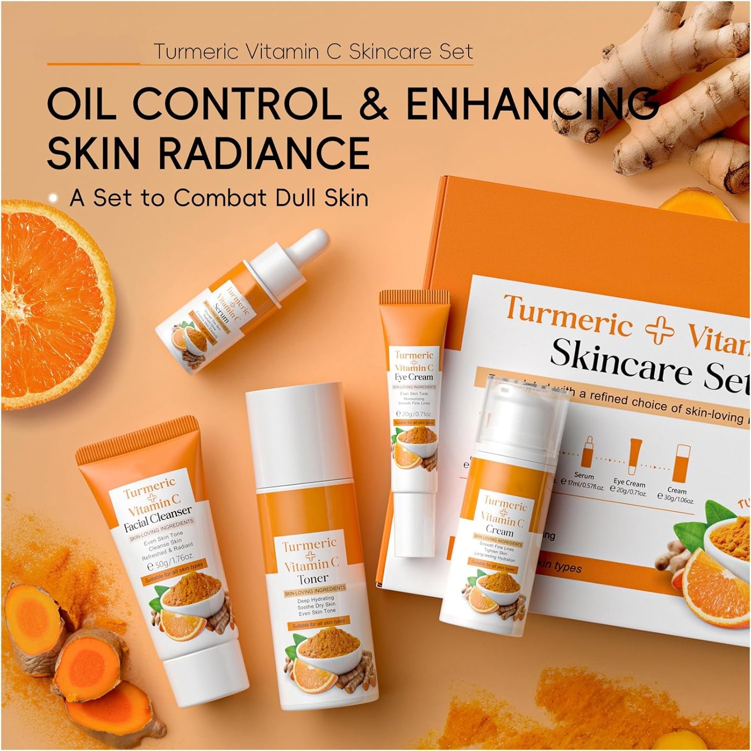 Turmeric Skincare Set for Teenage Girls - Pamper Gift Sets for Her with Cleaner, Serum, Cream, Toner, Eye Cream - 5PCS by Betaglam