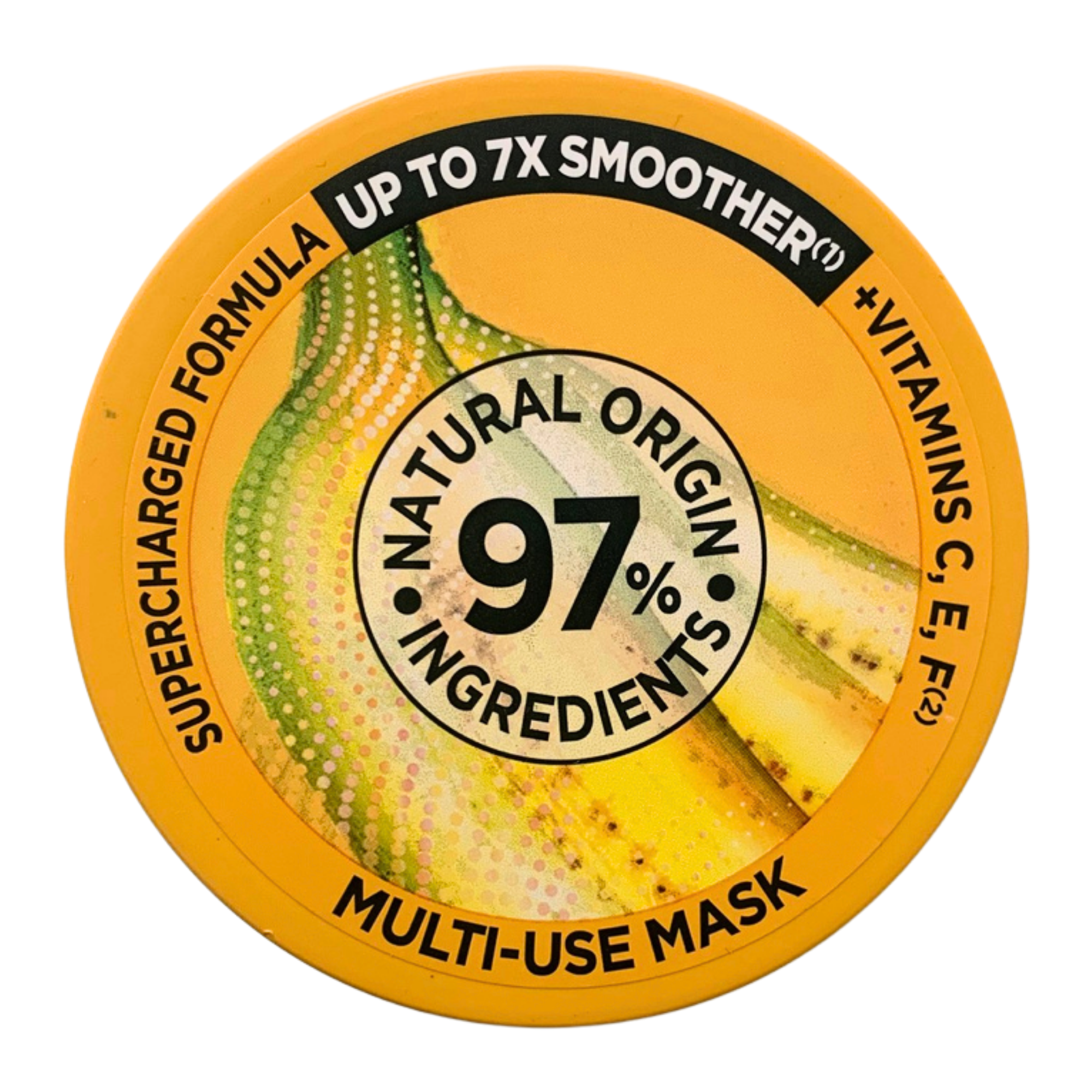 Banana hair food mask lid with 97% natural origin ingredients claim, vitamins C, E, F, and up to 7x smoother text on yellow circle.