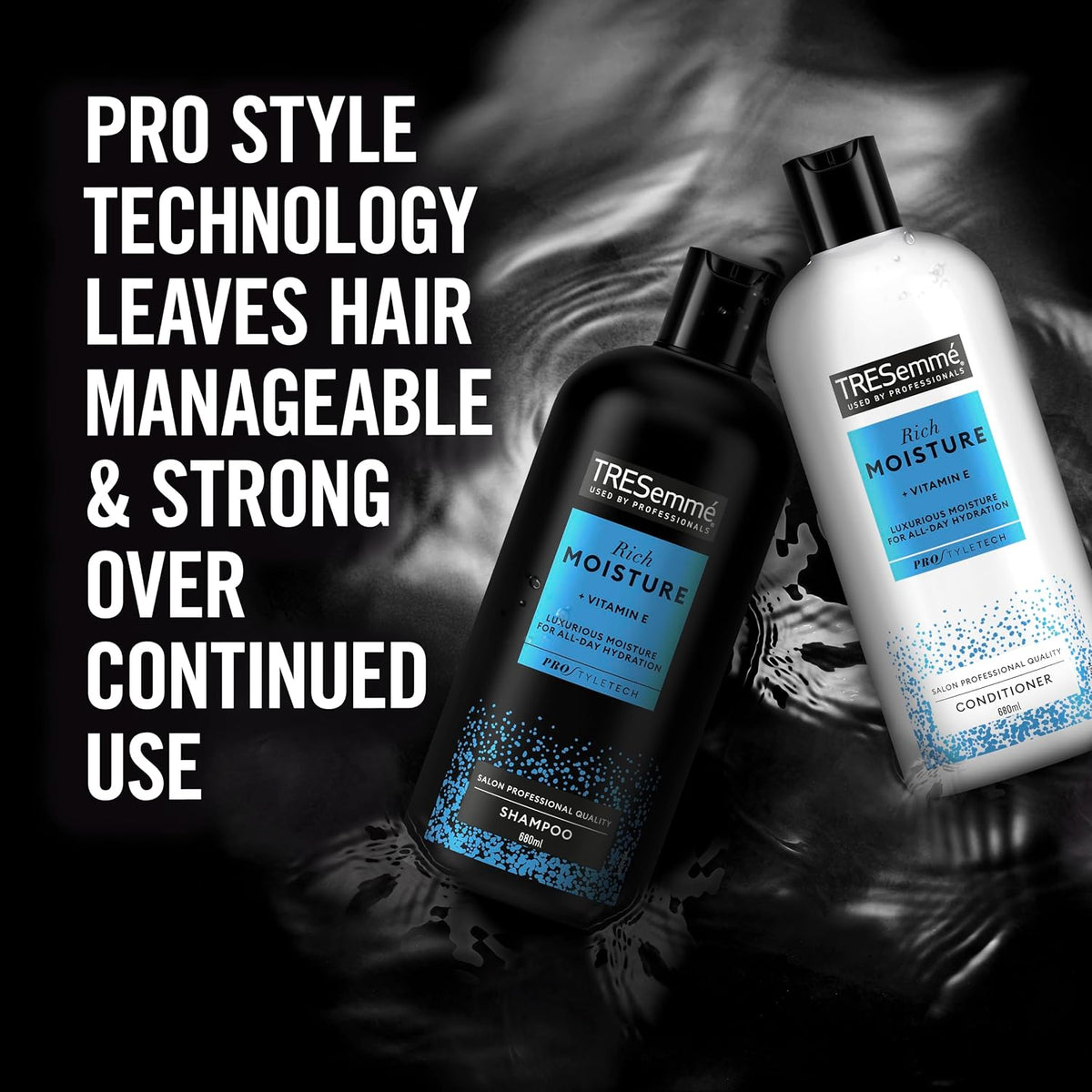 TRESemmé Rich Moisture shampoo and conditioner 680ml set for strong, manageable hair with Vitamin E hydration.