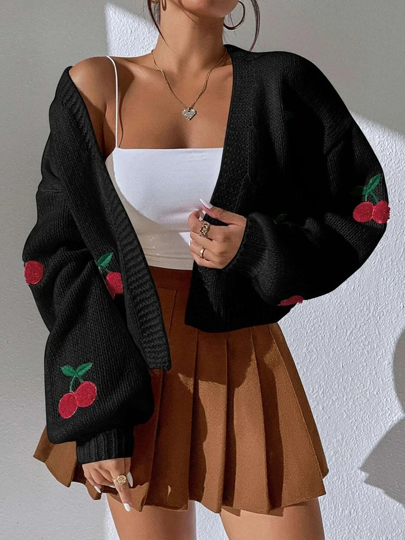 Fashionable Low Shoulder Cherry Embroidery Pattern Cardigan Commuter Sweater Women'S Loose Jacket Knitted Sweater by Betaglam