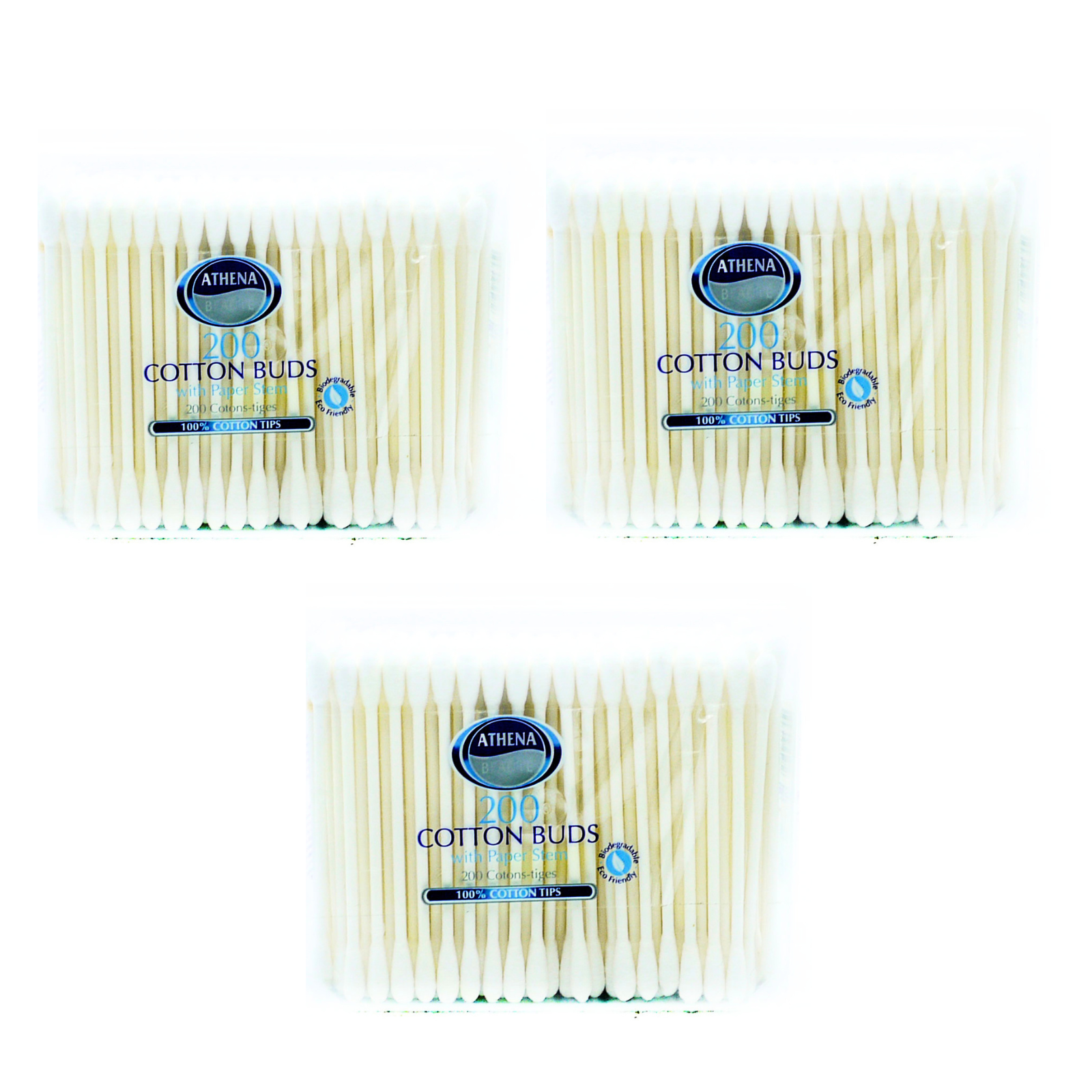 3X Athena Cotton Buds With Paper Stems 200 Count Pack by Betaglam