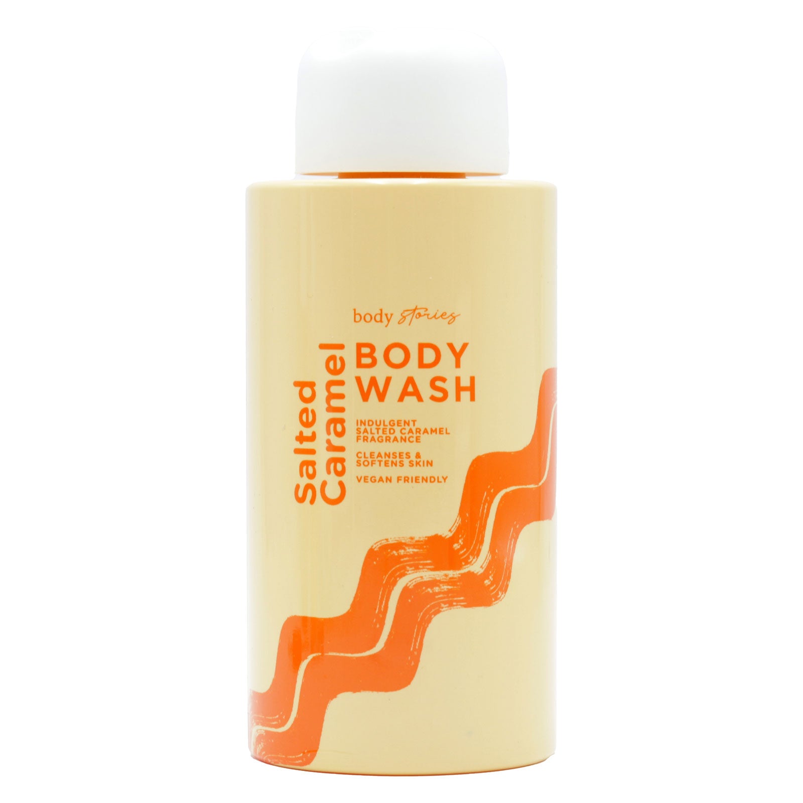Body Stories Salted Caramel Smoothing Conditioner bottle, 400ml, beige with orange wave design