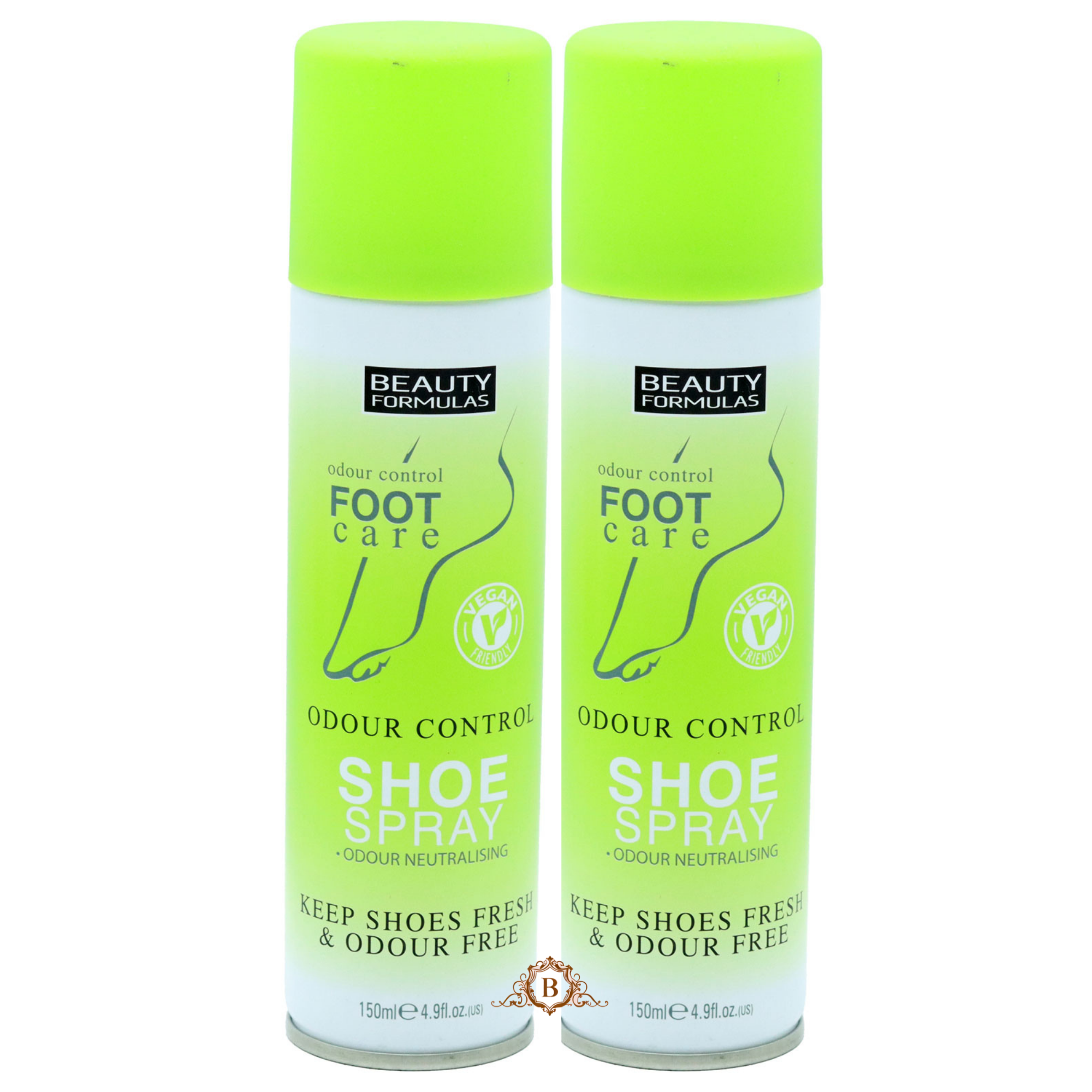 Set of two Beauty Formulas Odour Shoe Spray bottles (150 ml), odour control with fresh fragrance.