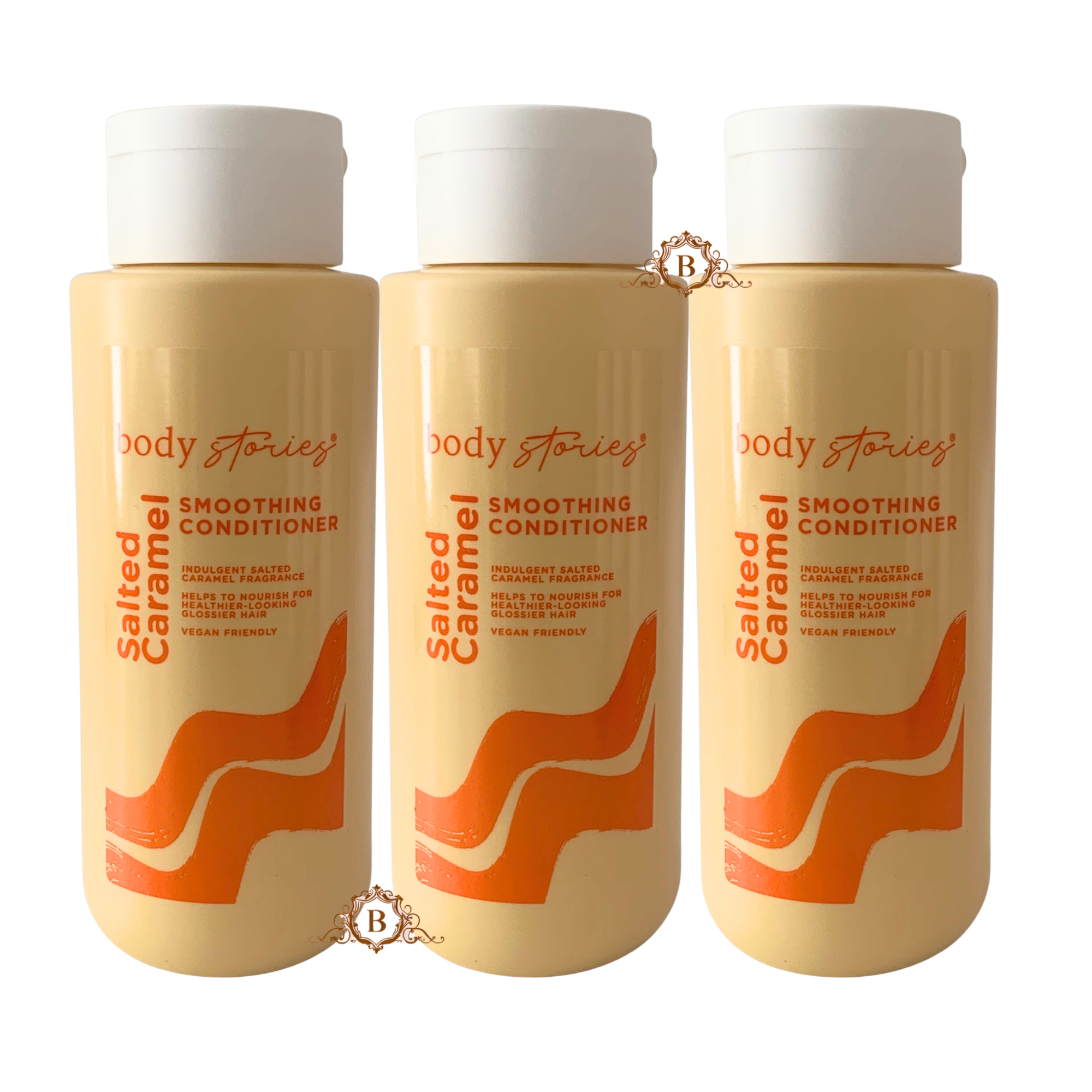 Three Body Stories Salted Caramel Smoothing Conditioner bottles (400ml) with white caps and orange wave design. Main image