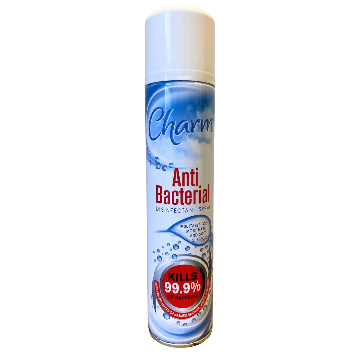 Charm anti-bacterial disinfectant spray kills 99.9% of bacteria. Suitable for household hard and soft surfaces.