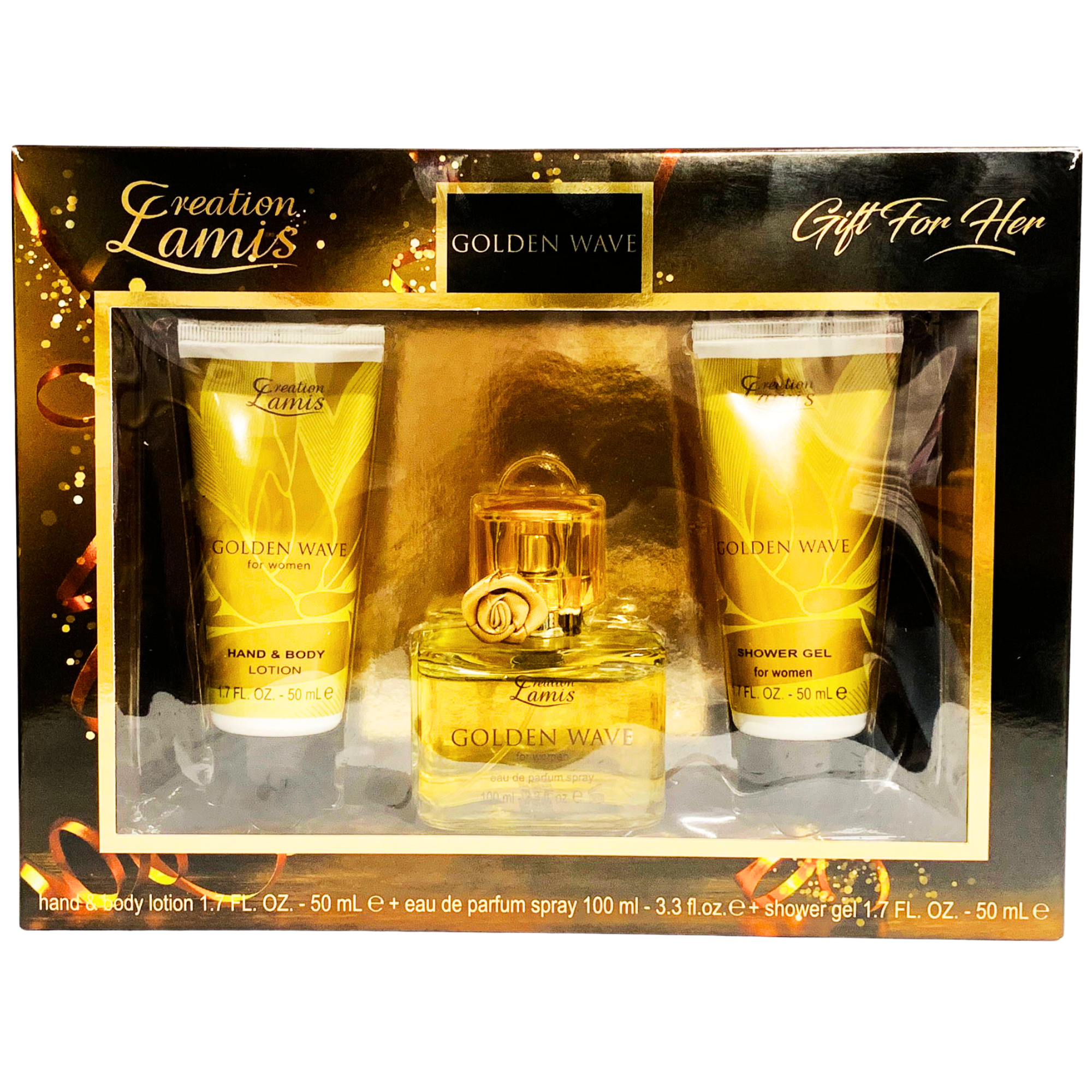 Creation Lamis Golden Wave Gift for Her set of 3 beauty items in gold packaging. Main image