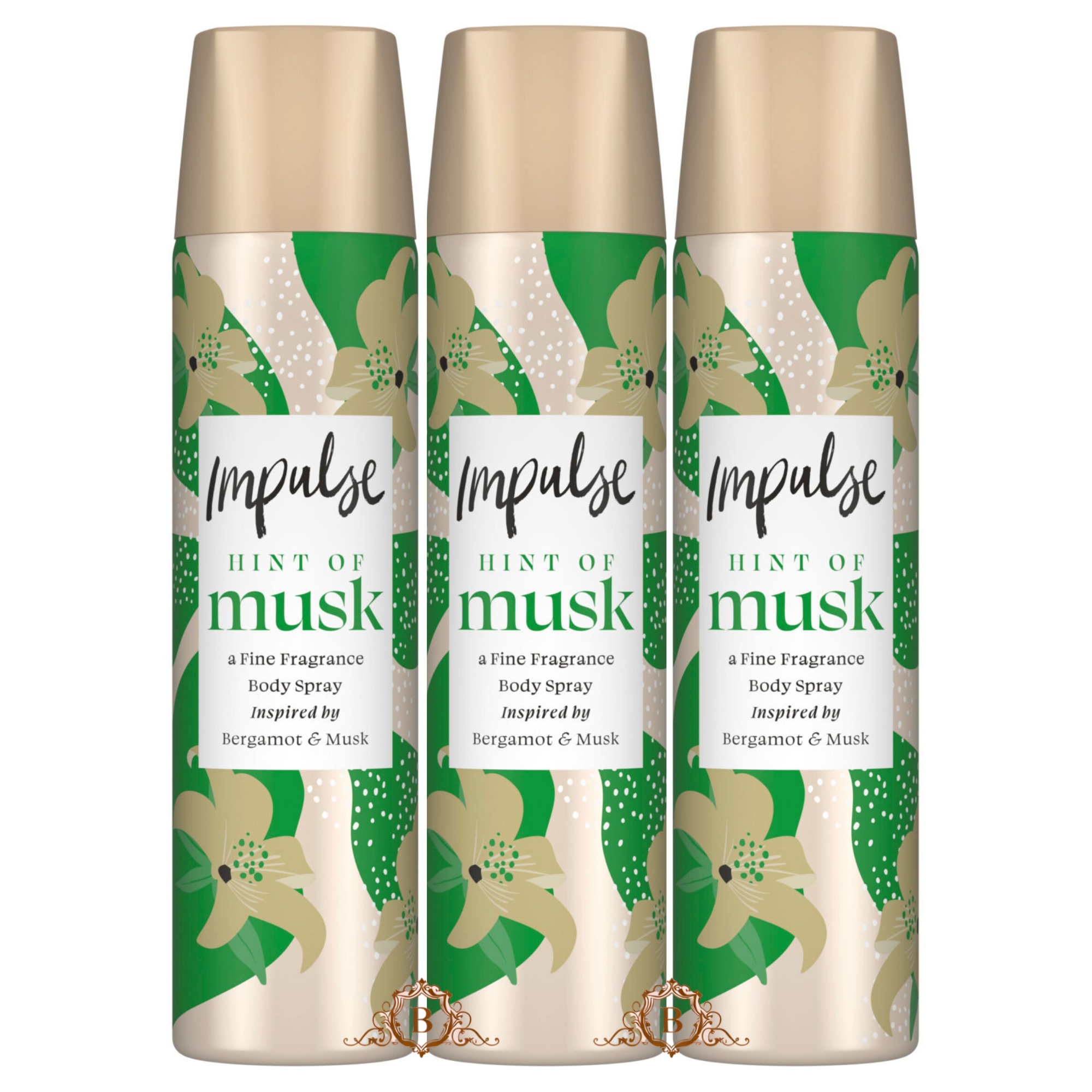 Set of 3 Impulse Hint of Musk Fine Fragrance Body Spray Bergamot and Musk 75ml by Betaglam