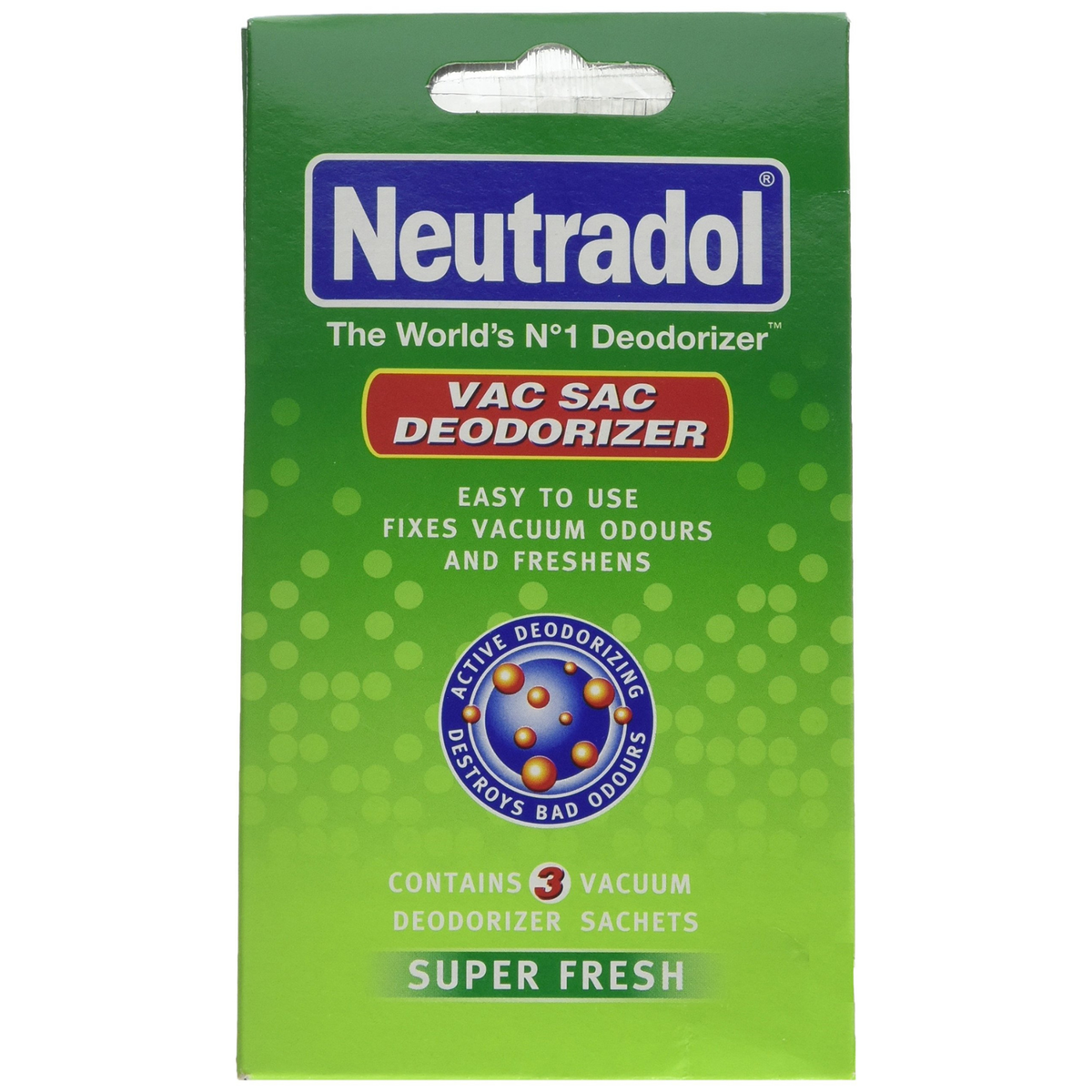 Neutradol Super Fresh vacuum deodorizer sachets packaging box. Main image