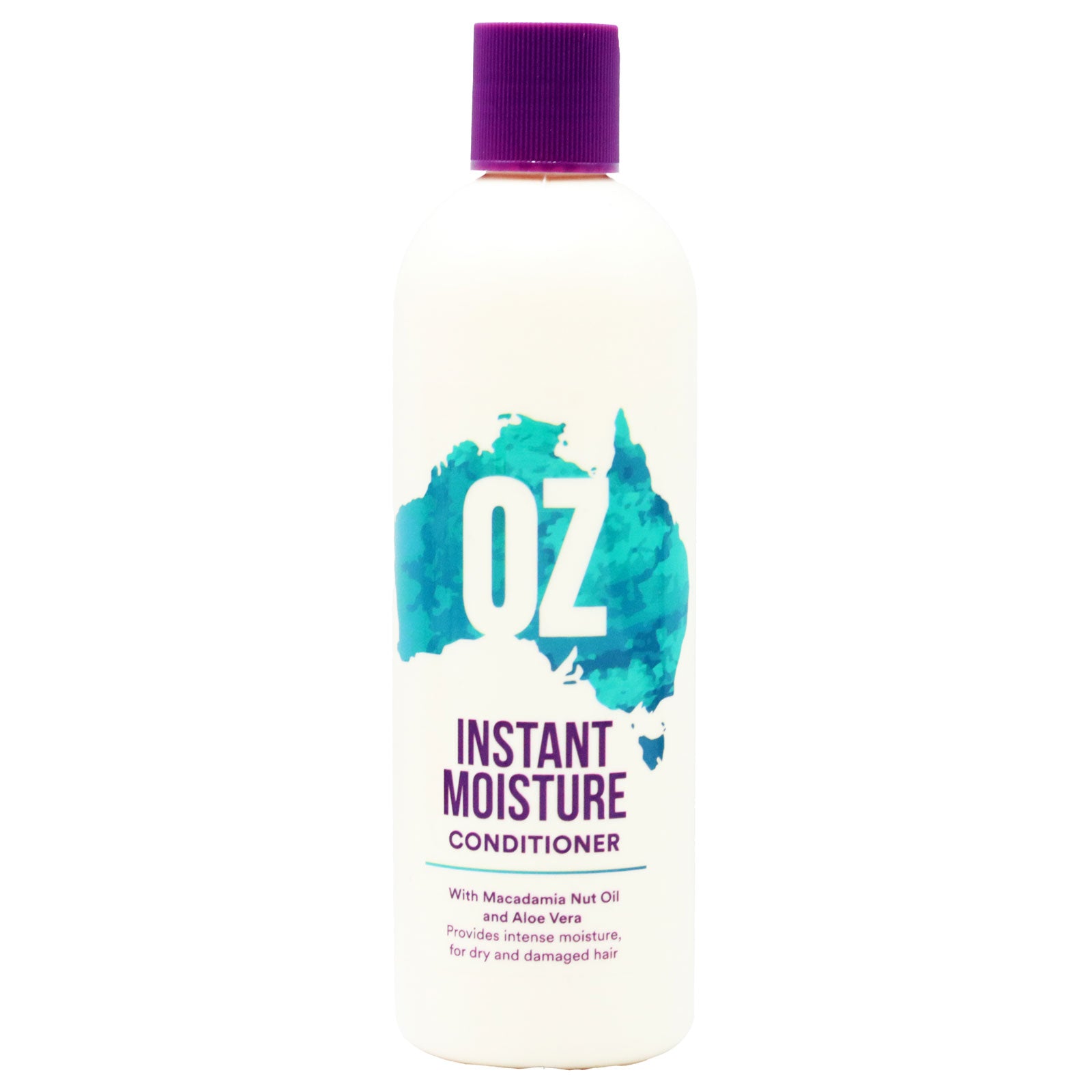 Oz Instant Moisture Conditioner 300ml bottle with teal map graphic of Australia and purple cap