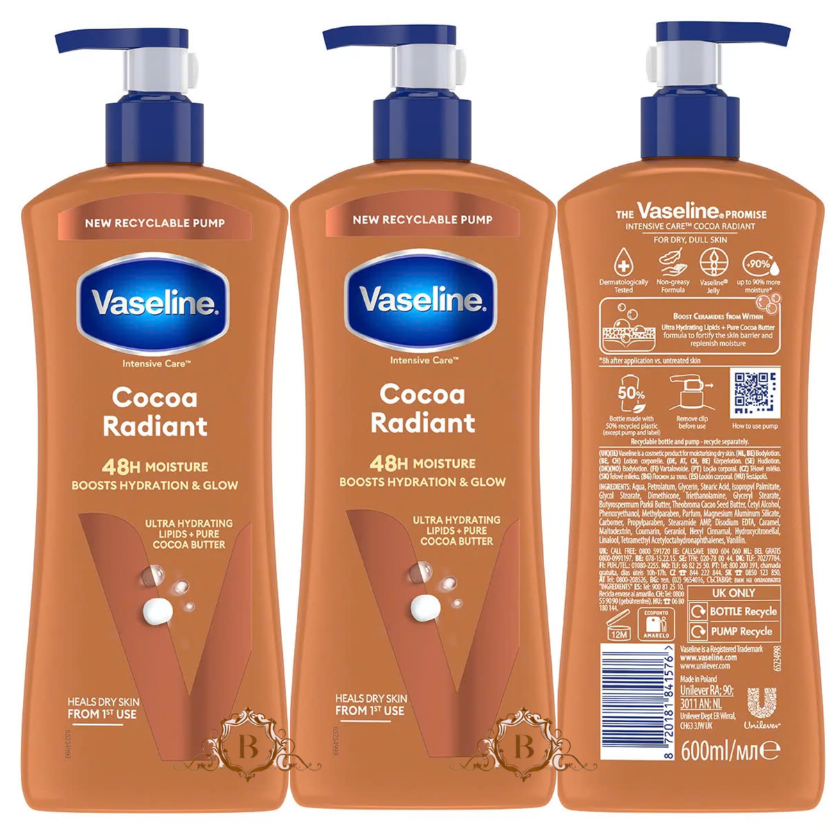 Vaseline Cocoa Radiant Body Lotion for Dry Skin Three 600ml Bottles by Betaglam Main image