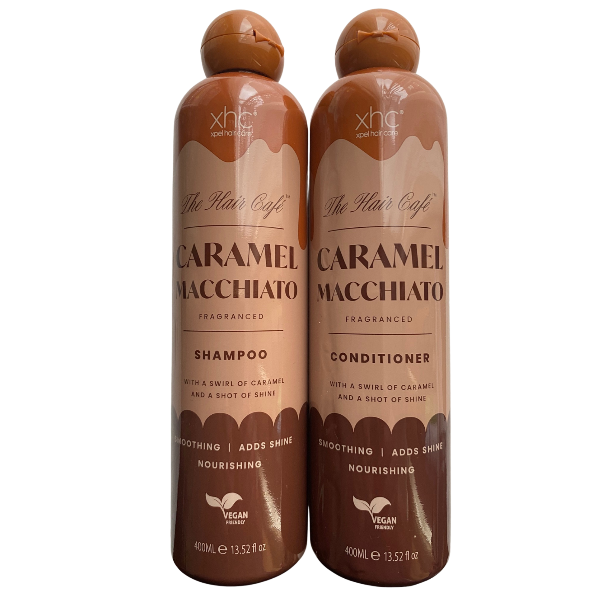 Two 400ml XHC Caramel Macchiato fragranced vegan shampoo and conditioner bottles. Main image