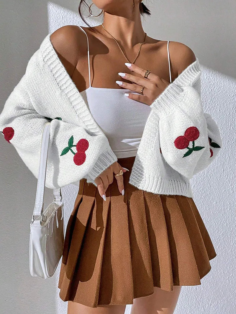 Fashionable Low Shoulder Cherry Embroidery Pattern Cardigan Commuter Sweater Women'S Loose Jacket Knitted Sweater by Betaglam
