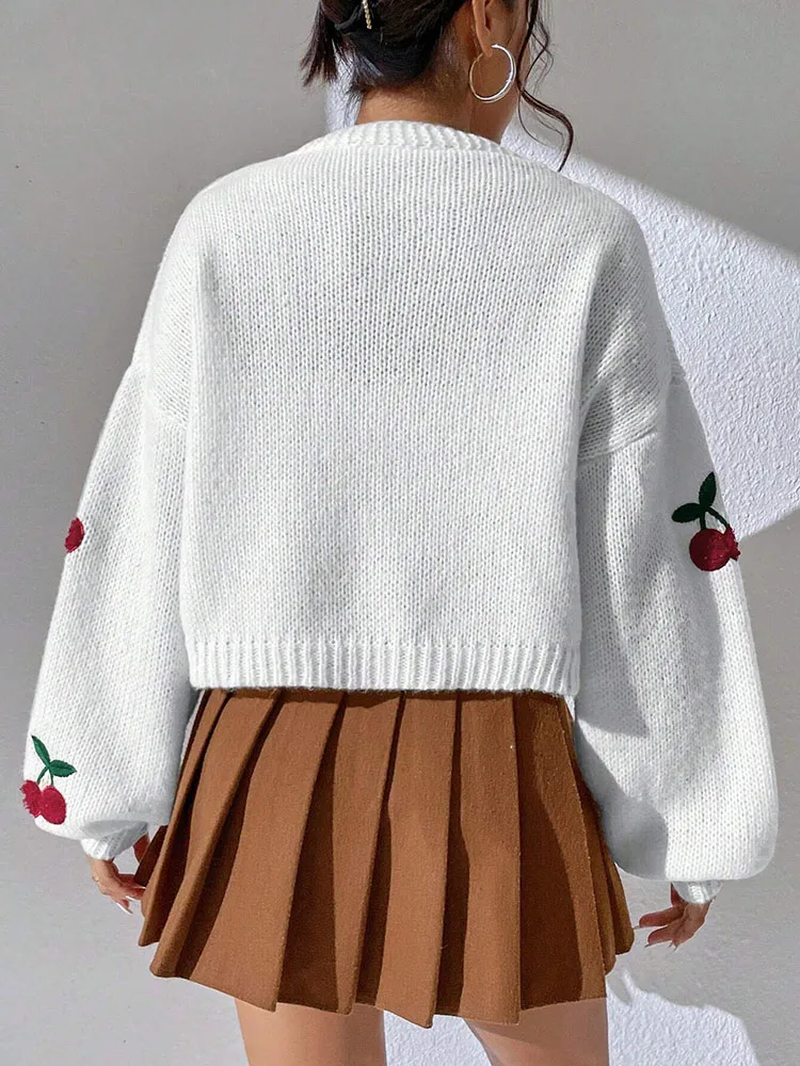 Women Low Shoulder Cherry Embroidery Loose Knitted Cardigan Sweater Secondary image