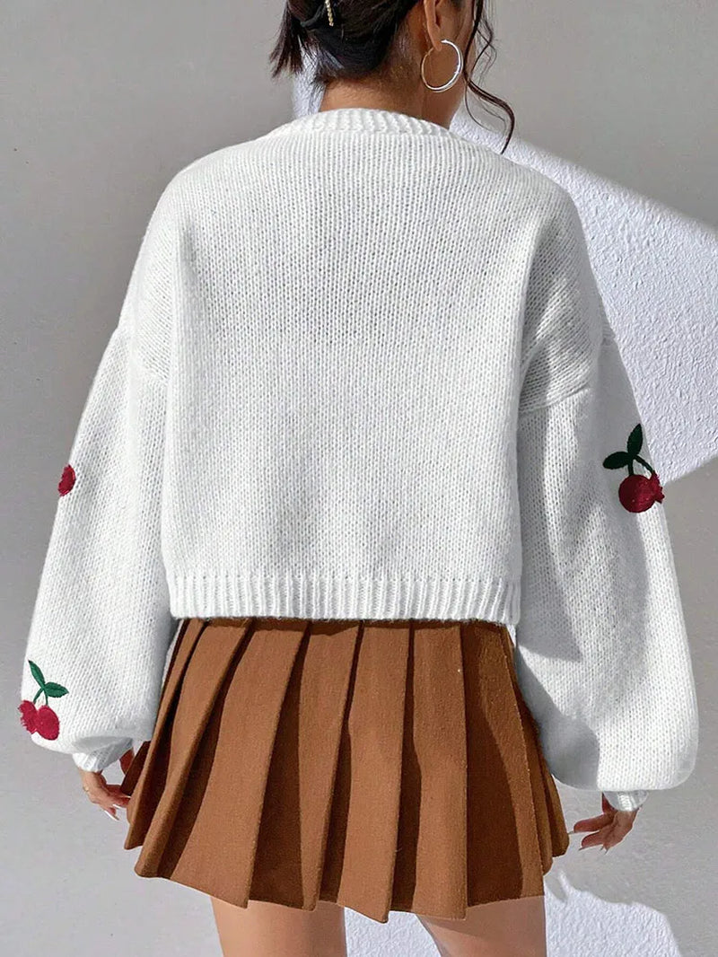 Fashionable Low Shoulder Cherry Embroidery Pattern Cardigan Commuter Sweater Women'S Loose Jacket Knitted Sweater by Betaglam