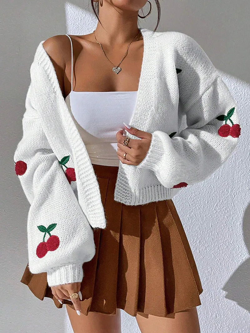 Fashionable Low Shoulder Cherry Embroidery Pattern Cardigan Commuter Sweater Women'S Loose Jacket Knitted Sweater by Betaglam