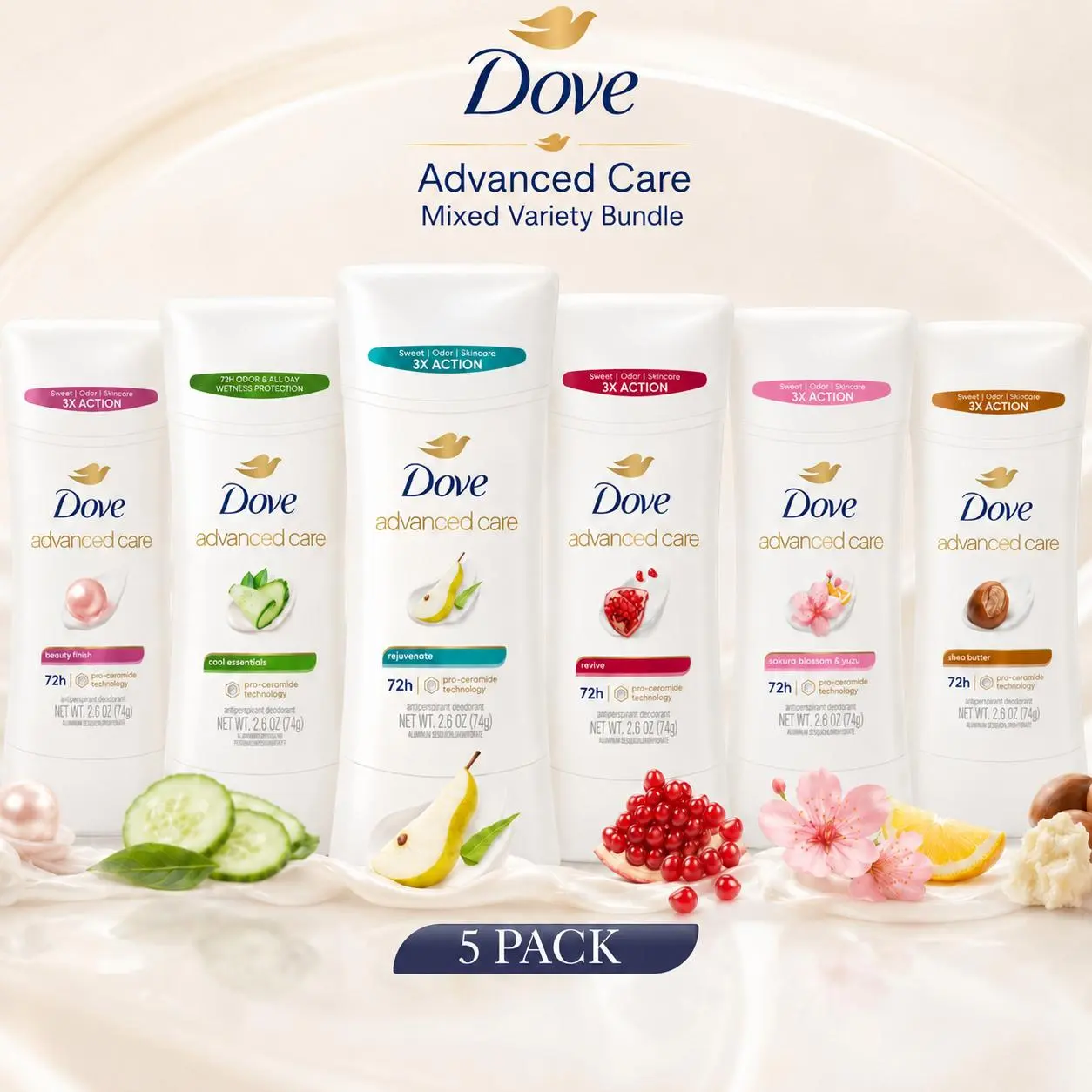 Dove Advanced Care Stick Deo 5-Pack Multi-Pack for Women, 2.6Oz (74G) Antiperspirant with Assorted Scents, Shea, Revive, Smooth Formula, Aluminum Zirconium Tetrachlorohydrex Gly (15.2%), Body Care Gift by Betaglam Main image